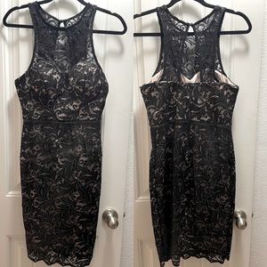 High neck black dress with lace and sequins